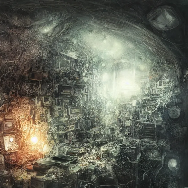 Image similar to the inside of a computer by mahmoud farshchian, mia brownell, very detailed, maximalism, ambient occlusion, volumetric light, atmospheric haze, hyper realism, realistic shading, cinematic composition, realistic render, photorealistic, wide shot