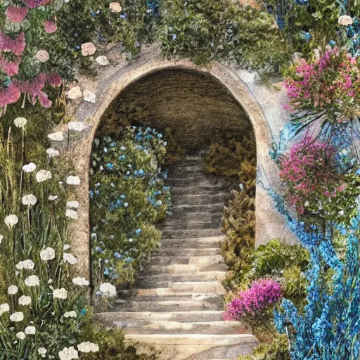 Image similar to delicate coastline mountain garden on paper, stony, puffy, botanical herbarium, botanic watercolors, iridescent, 8 k wide angle, realistic shaded, fine details, artstation, italian, rainbow, colonnade, oak tree, pomegranade, vines, gardena architecture, pompeian, sicilian