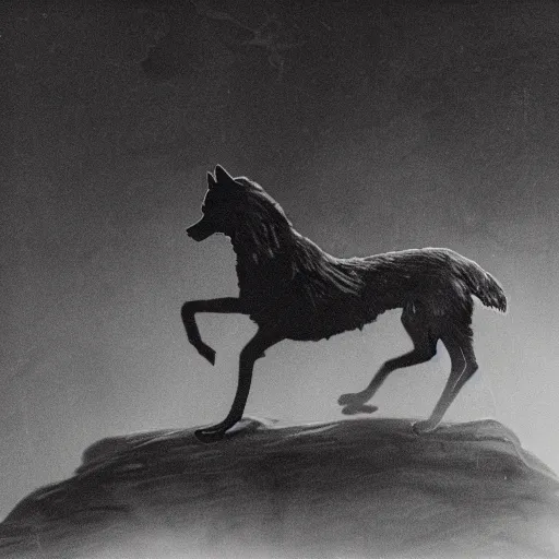 Prompt: david bowie riding a wolf forest ((over a rock)), dark lighting