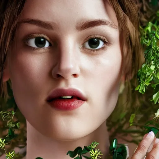 Image similar to beautiful extreme closeup frontpage photo of frontiers in herbal anthropomorphosis fashion magazine portrait of person, highly detailed, focus on face, soft lighting