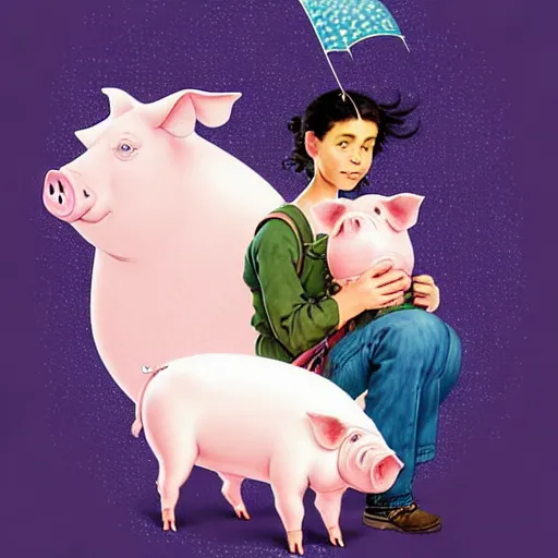 Image similar to portrait of a ( mindless american ) woman and her sidekick talking - pig enveloped in shimming iridescence, backpacking in pakistan about youth and depression, by norman rockwell, pixar, studio ghibli, toei, intricate line work, beautiful, complete light occlusion, rim light, pop - out, collage, trending on pinterest, artstation 8 k