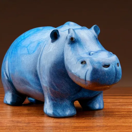 Image similar to a small hippo statue carved from natural wood on the bottom and polished blue resin on the top