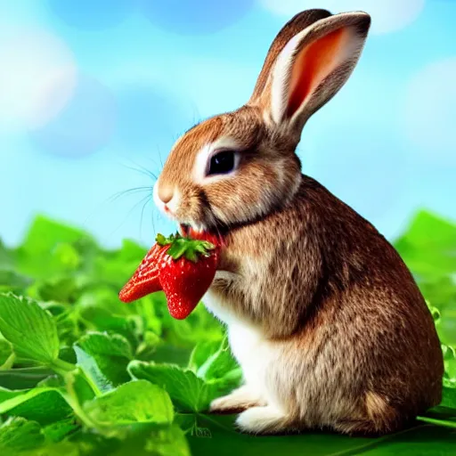 Prompt: a bunny eating strawberries, cute, photo realistic