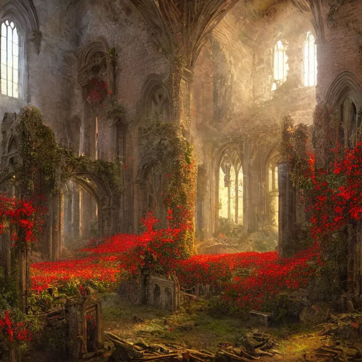 Image similar to a interior photo of a ruined church with a lot of red flowers growing inside at sunset, godrays, complementary colors, concept art, DeviantArt, Ferdinand Knab, beautiful, 8K,highly detailed, high quality