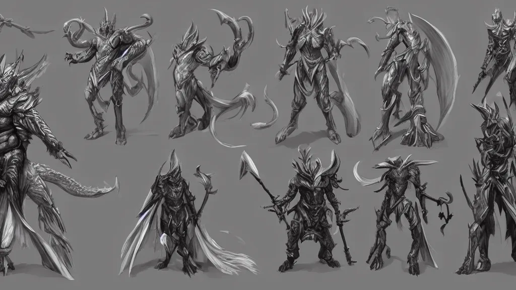 Image similar to concept art, chatacter sheet, dragon-shaped human, full color, warrior, spear, white and black clothes, trending on artstation