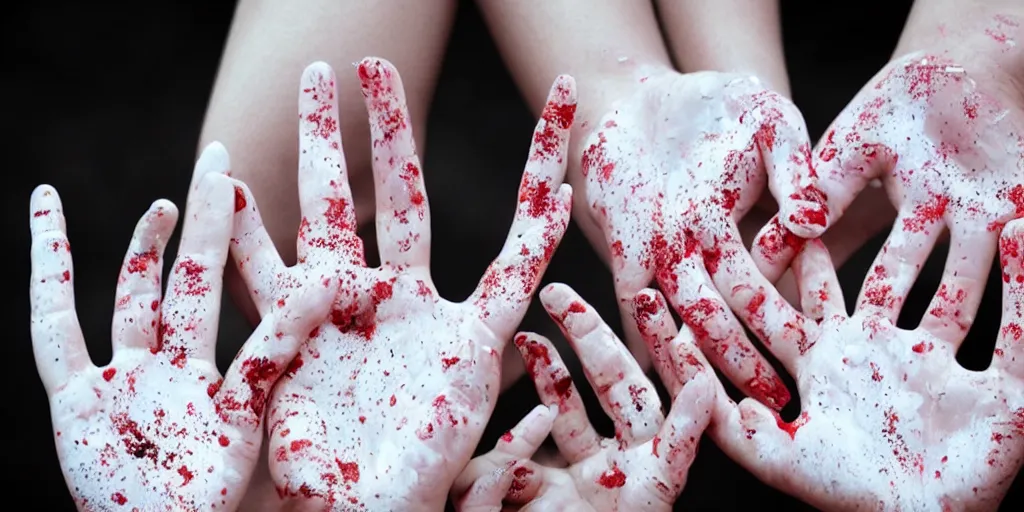 Image similar to beautiful hands, fingers intertwined, covered in white paint, dripping paint, shoulders, skin