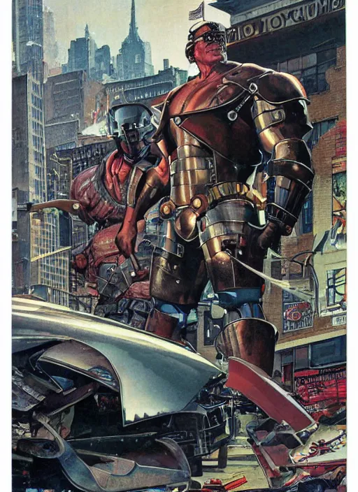 Image similar to huge cyclops in futuristic metal armour smashes up cars in new york street, by norman rockwell and jason fabok and tom lovell and frank schoonover and jack kirby and alex ross