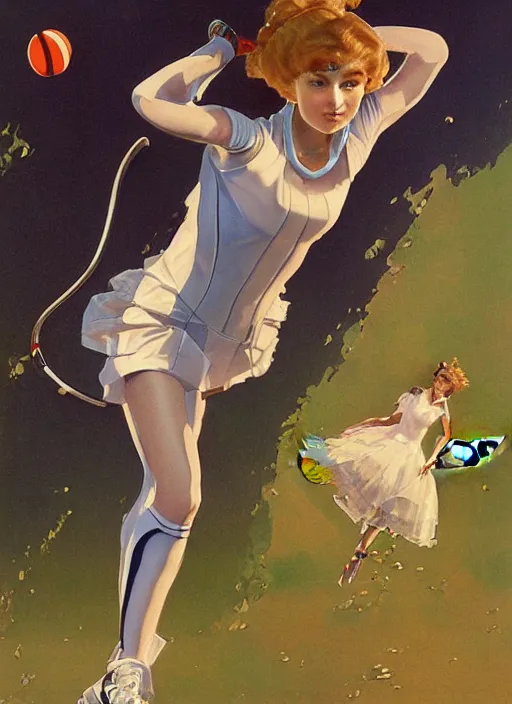 Prompt: a copic maker art nouveau portrait of a russian girl playing tennis at high speed wearing a futuristic latex pilot evangelion suit and a puffy skirt designed by balenciaga by john berkey norman rockwell