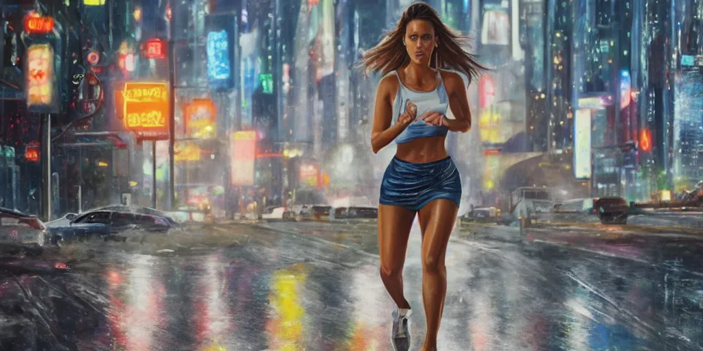 Prompt: ultra realistic painting of jessica alba in the 1 9 8 9 city of tacoma, wearing a wet white short dress, looking into the camera with a smirk while running in a cyberpunk city, art by ross draws, 4 k, ultra realistic, highly detailed, epic lighting