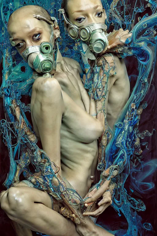 Prompt: two exhausted, skinny, fleshy figures, wearing ornate gas masks and silky green and blue scrubs, sit next to a fireplace with swirling blue flames inside a deserted hospital, ayami kojima, karol bak, hauntingly surreal, highly detailed painting part by james jean, jenny saville, soft light 4 k