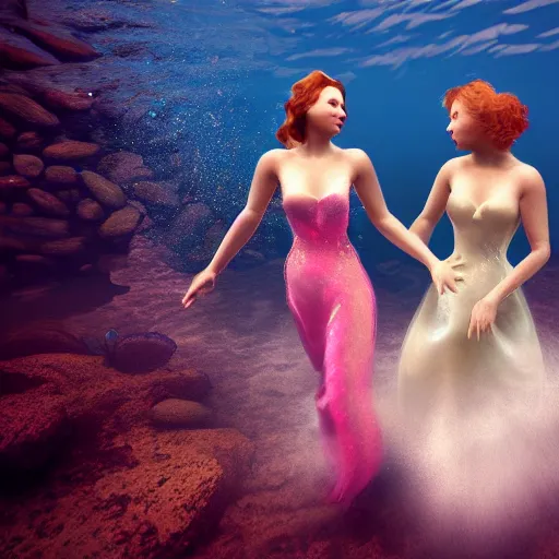 Image similar to two women under water holding hands, photo realistic, intricate details, flowing dresses and hair, volumetric lighting