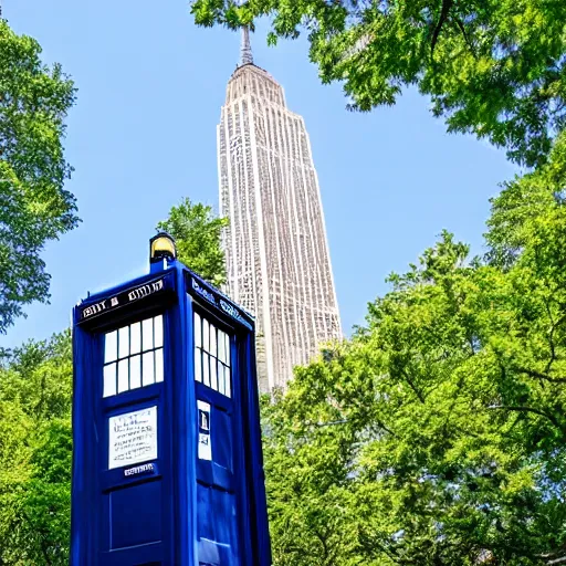 Image similar to a tardis as big as the empire state building towering over central park