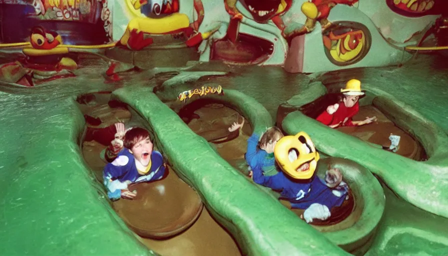 Image similar to 1990s photo of inside the Wacky Mouse Trap Slime Pit ride at Universal Studios in Orlando, Florida, children riding through scary sewer filled with rat monsters and slime, cinematic, UHD