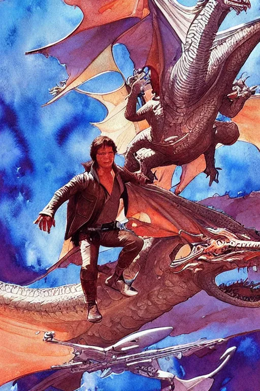 Image similar to han solo riding a dragon, full view, science fiction, art by jean giraud, moebius, juan gimenez, in watercolor gouache detailed paintings, in style of syd mead, colorful comics style, artstation