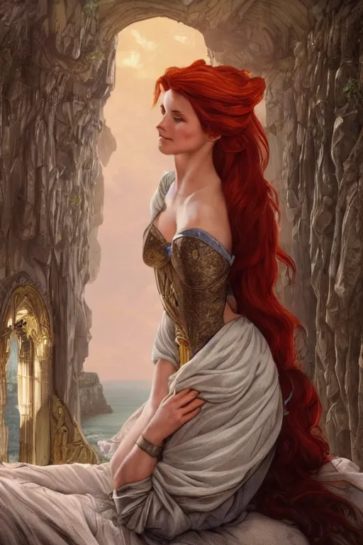 Image similar to a hyperdetailed matte painting of triss merigold as a princess asleep on a bed in a tower, sleeping beautry, window overlooking cliffs and crashing waves in the background, highly detailed, deep focus, elegant, digital painting, smooth, sharp focus, ultra realistic, 8 k, art by artgerm and alphonse mucha