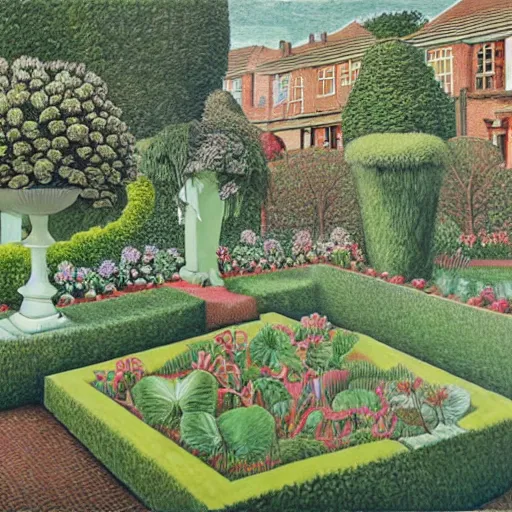 Image similar to Hyperrealism traditional english garden painting by MC Escher