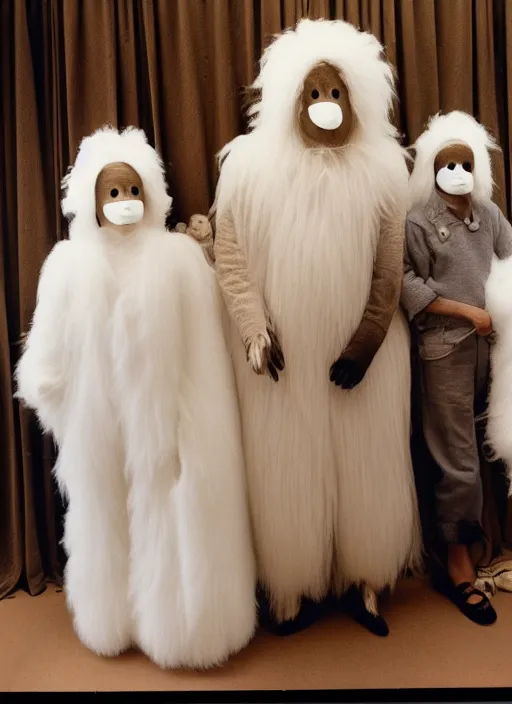 Image similar to realistic photo of the family wearing fluffy hairy masks, faceless, no face, white fluffy cotton shorts, white fluffy cloak, polished and fancy, standing in the wooden room full of wooden bird idol sculptures 1 9 9 0, life magazine reportage photo