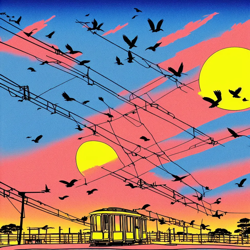 Prompt: japanese countryside landscape, tram, sunset, birds flying in the sky, hand drawn anime style