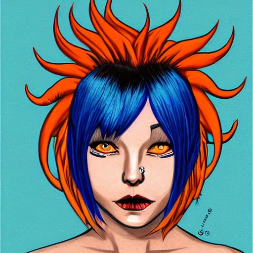 Prompt: illustrated portrait of ram-horned orange-skinned skin FFA500 devil woman with blue hair cut in a bob by rossdraws