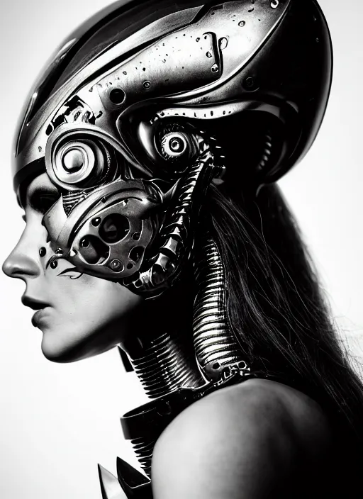 Prompt: a profile portrait, a stunning young woman - cyborg with a mutant shark head, editorial photography, bw, by roman sustov, by hr giger, shot on 7 0 mm, depth of field, f / 2. 8, high contrast, 1 6 k, volumetric lighting, shiny, insanely detailed and intricate, hypermaximalist, elegant, ornate