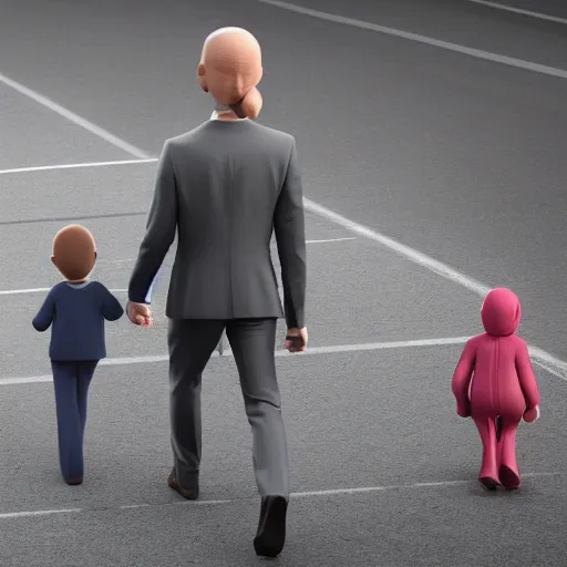 Prompt: half-octopus-half-man wearing a suit walks his human children to school on the sidewalk, 3d render, blender, highly detailed, 4k