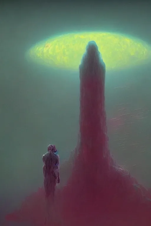 Prompt: 🔥::3, dreamlike, psychedelic, otherworldly, weird, cyberpunk, vaporware, interesting details, volumetric lighting, dramatic, fantasy, by Moebius, by zdzisław beksiński, Fantasy LUT, epic composition, 8k,