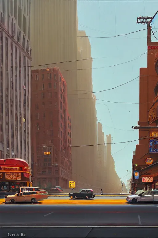 Image similar to Market Street, San Francisco; oil on canvas by Klaus Bürgle and Imperial Boy and Simon Stålenhag;