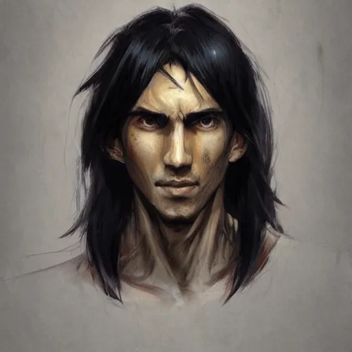 Prompt: anime portrait of a cyborg man by greg rutkowski, he is about 3 0 years old, indian, very tall and slender, messy long black hair, he is wearing a black t - shirt, highly detailed portrait, digital painting, artstation, concept art, smooth, sharp foccus ilustration, artstation hq