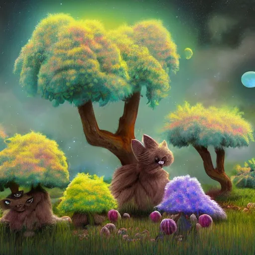 Image similar to cute fluffy aliens with big eyes and big ears in field of weird luminescent flowers and succulent trees detailed oil painting 4 k