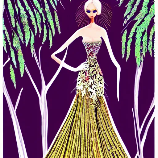 Image similar to zuhair murad gown fashion illustration by eko nugroho, jungle background, fine detail