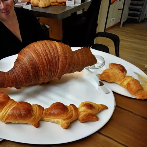 Prompt: a spinosaurus made of croissant