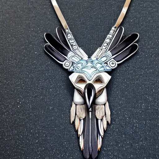 Prompt: jewelry inspired by the Haida Gwaii raven spirit, symmetrical, high detail, product photo