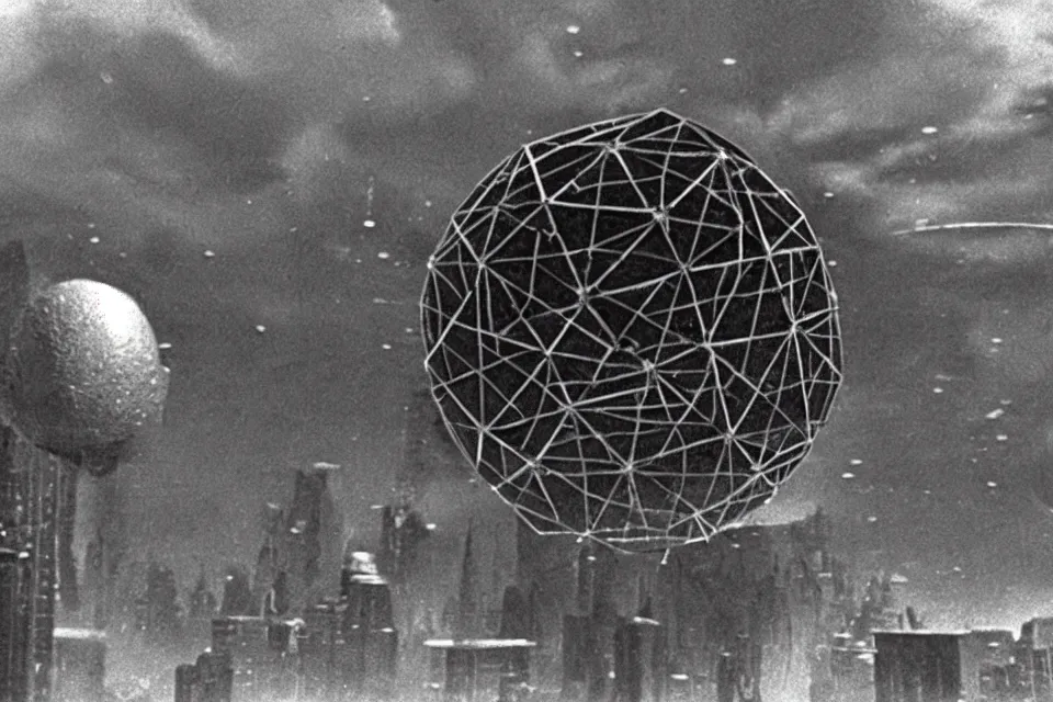 Image similar to still image taken from sci fi horror movie of a giant icosahedral phage attacking a city. low camera angle. 1 9 6 0.