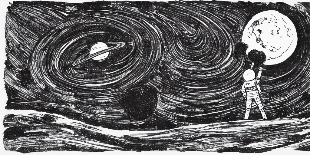 Image similar to ink lineart drawing of a planet, looming over an astronaut's shoulder, wide angle, space background, artstation, etchings by goya, chinese brush pen, illustration, high contrast, deep black tones contour