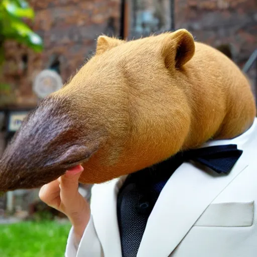 Image similar to smoking cigar, a man wearing a suit capybara head wearing a hat (smoking cigar)