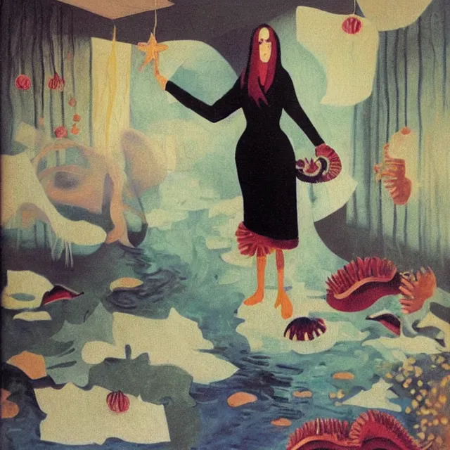 Image similar to tall emo female artist holding a starfish in her flooded kitchen, pomegranates, octopus, water gushing from ceiling, painting of flood waters inside an artist's apartment, a river flooding indoors, ikebana, zen, rapids, waterfall, black swans, canoe, berries, acrylic on canvas, surrealist, by magritte and monet