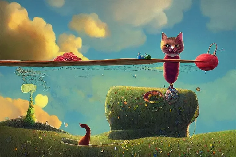 Image similar to surreal cat floating in the sky, summer morning, very coherent and colorful high contrast, art by!!!! gediminas pranckevicius!!!!, geof darrow, dark shadows, hard lighting