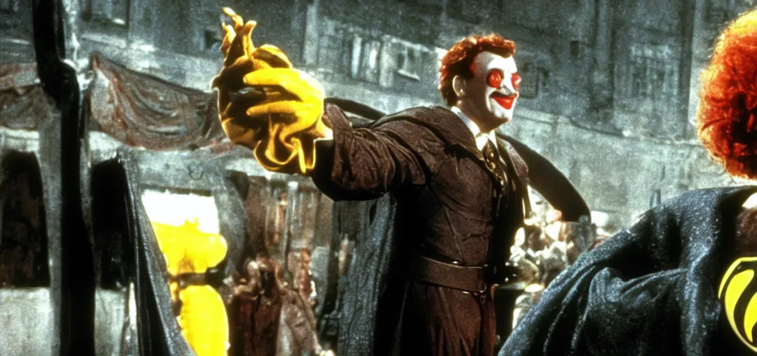 Prompt: still of ronald mcdonald in batman begins