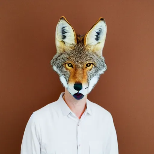 Prompt: coyote head (man) standing in a plain white room studio photo