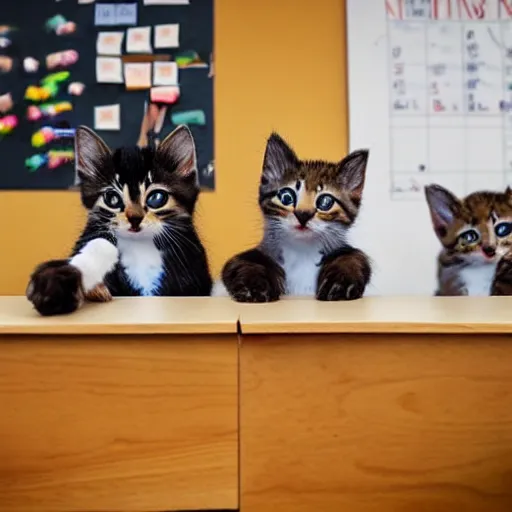 Image similar to anthropomorphic cute kittens sitting at their desks on the first day of kindergarten, medium shot by Wes Anderson