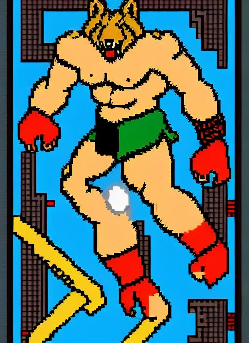 Image similar to extreme long shot. 8 bit nes graphics. antropomorphic muscular masculine wolf. kickboxer fighter, in shorts. wolf head. furr on body. like game contra.