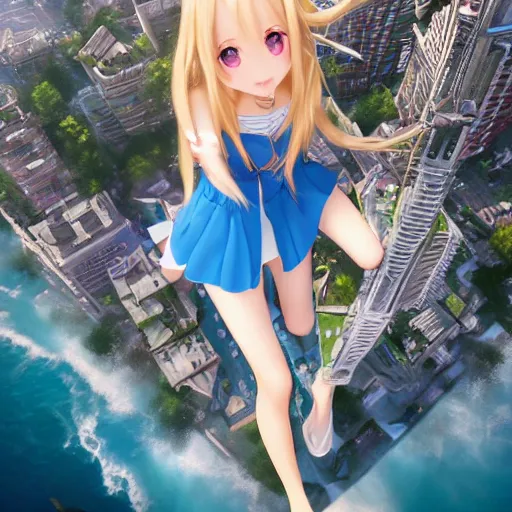 Image similar to seen from above : a giant macro very beautiful young yuuki asuna, full body, long wavy blond hair, sky blue eyes, full round face, bikini, miniskirt, laying on a miniature city, cinematic wallpaper by stanley artgerm lau