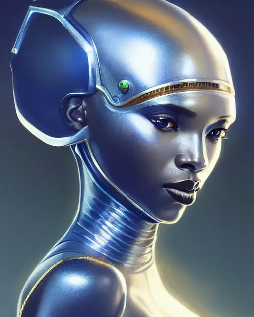 Image similar to Portrait of very very very very very very beautiful african woman, spacesuit, futuristic cybernetic helmet, blue eyes, real life skin, intricate, elegant, highly detailed, artstation, concept art, smooth, sharp focus, art by artgerm and greg rutkowski and alphonse mucha