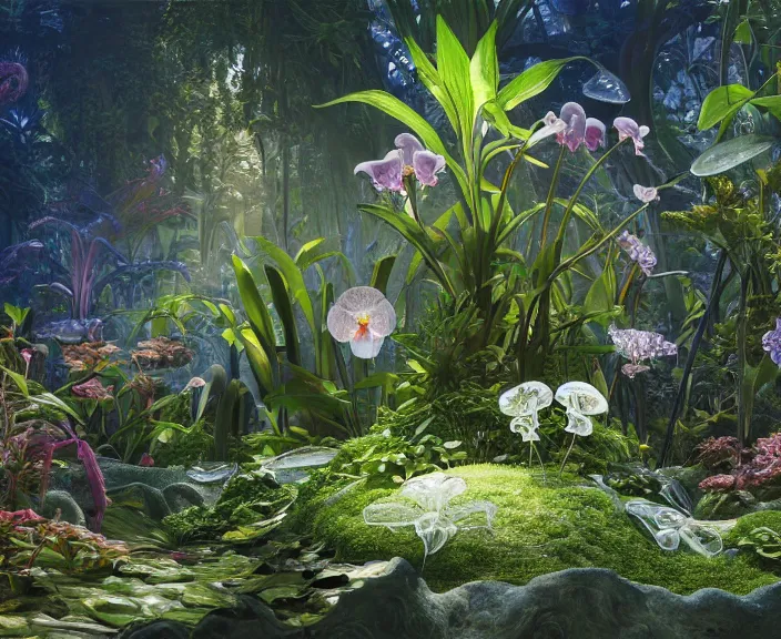 Prompt: transparent clear see - through image of mollusks, lush botany, orchids, ferns, garden environment, ultra realistic, concept art, art nouveau, photorealistic, octane render, 8 k, unreal engine. art by gustave dore and nori inoguchi and sam kaplan and zachary goulko and christopher marley and artgerm and alphonse mucha