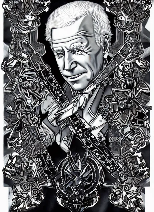 Image similar to joe biden as a kingdom hearts keyblade villain, official square enix hand painted inked artwork, intricate design, high definition, delicate patterned, fantasy, fashionable rpg clothing