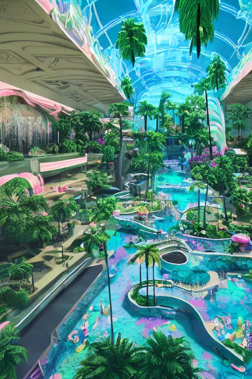 Image similar to photo of a vaporwave aesthetic indoor liminal 90s mall with a lazy river, long shot, concept art, environmental art, cycles render, caustics water, midnight, volumetric lighting , 4k octane render, intricate detail, photorealistic , cinematic lighting, Artstation