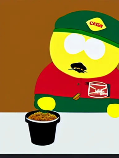 Image similar to highly detailed portrait of scarface as cartman from south park, holding a bucket of kfc, a line of gravy on the desk in front of him, global illumination, flat light, detailed and intricate environment