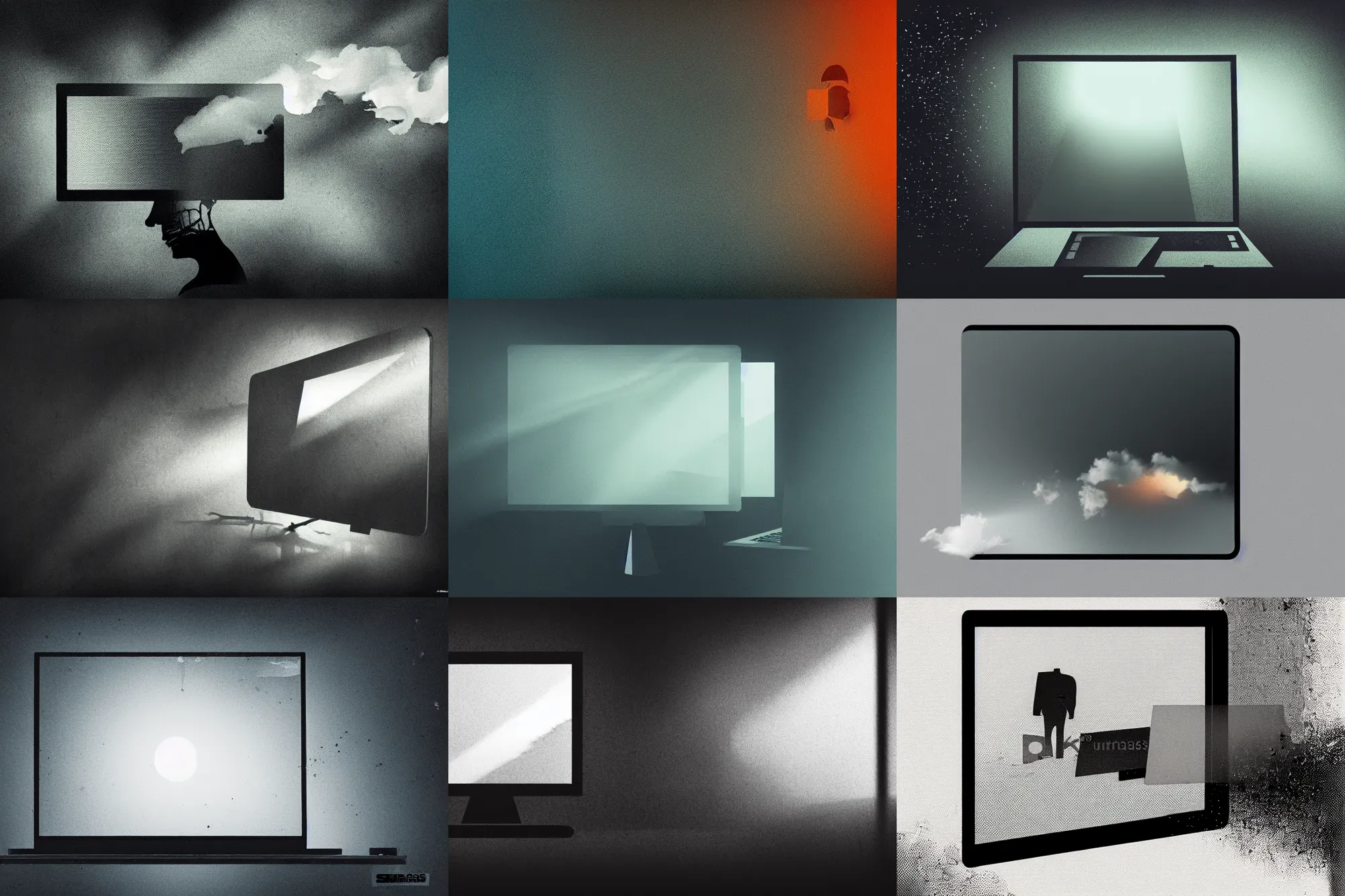 Prompt: editorial illustration by karolis strautniekas and mads berg, office interior, broken laptop screen, window, liquid clouds, fog, colorful, fine texture, detailed, muted colors, film noir, dramatic lighting, dynamic composition, vivid, matte print, wide angle, ( ( sunbeams ) ), moody