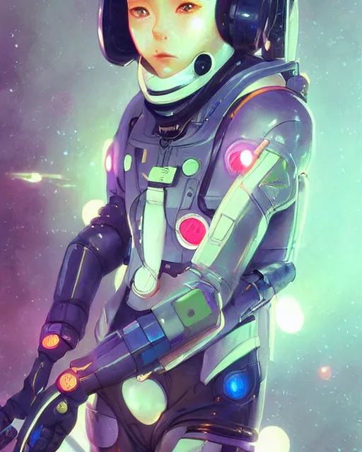 Image similar to anime visual of a female astronaut, neon, cyberpunk, futuristic suit, stunning, highly detailed, digital painting, artstation, smooth, soft focus, illustration, art by artgerm and greg rutkowski and alphonse mucha