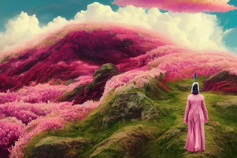 Image similar to giant dahlia flower crown as head girl walking on mountain, surreal photography, pink storm clouds, dramatic light, impressionist painting, digital painting, artstation, simon stalenhag